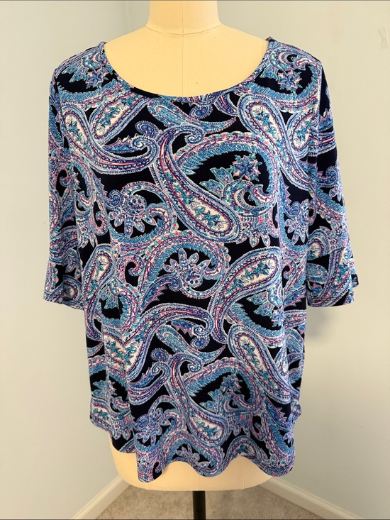 Roz & Ali Tops - Roz & Ali Navy Paisley Scoop Neck Tunic with Blue & Purple Accents SZL